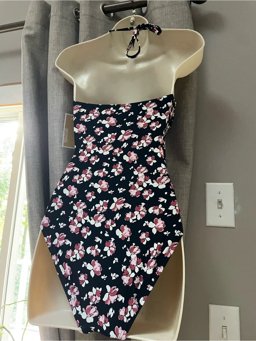 Michael Kors Black Floral Cutout One-Piece Swimsuit with Pink Accents